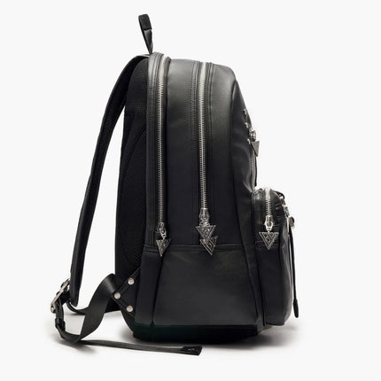 Valabasas La Borsa backpack in matte black vegan leather with silver triangular zipper pulls and side pockets.