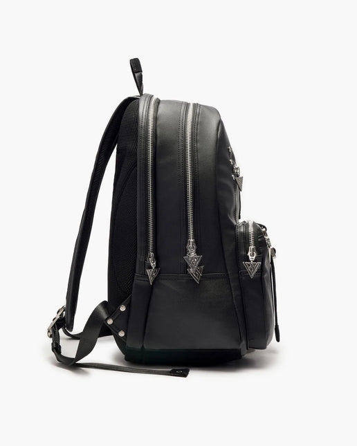 Valabasas La Borsa backpack in matte black vegan leather with silver triangular zipper pulls and side pockets.