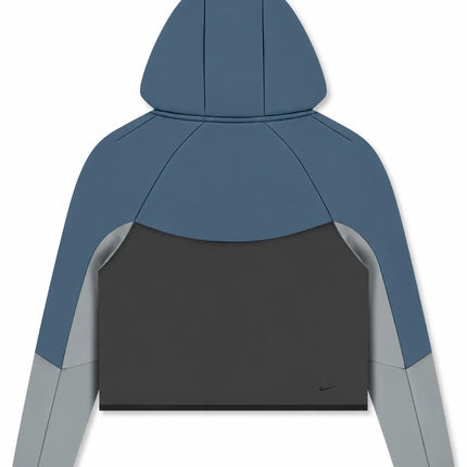 Nike Men’s Tech Fleece hoodie in color-blocked blue, charcoal, and grey featuring a smooth, matte technical finish.