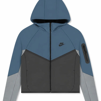 Nike Tech Fleece full-zip hoodie in slate blue, anthracite, and cool grey featuring a signature zippered sleeve pocket.